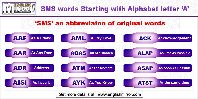 SMS words with alphabet letter A in English