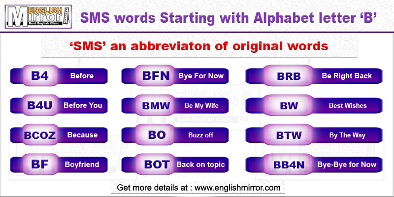 SMS words with alphabet letter B in English