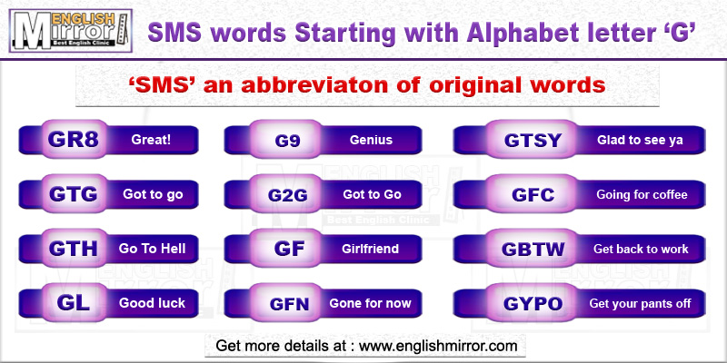 SMS words with alphabet letter G in English
