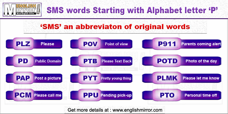 SMS words with alphabet letter P in English