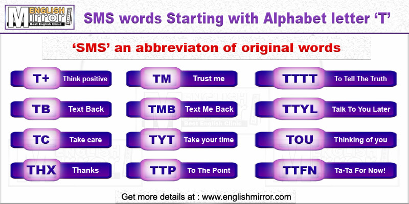 SMS words with alphabet letter T in English