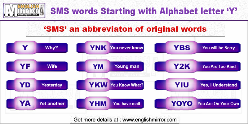 SMS words with alphabet letter Y in English