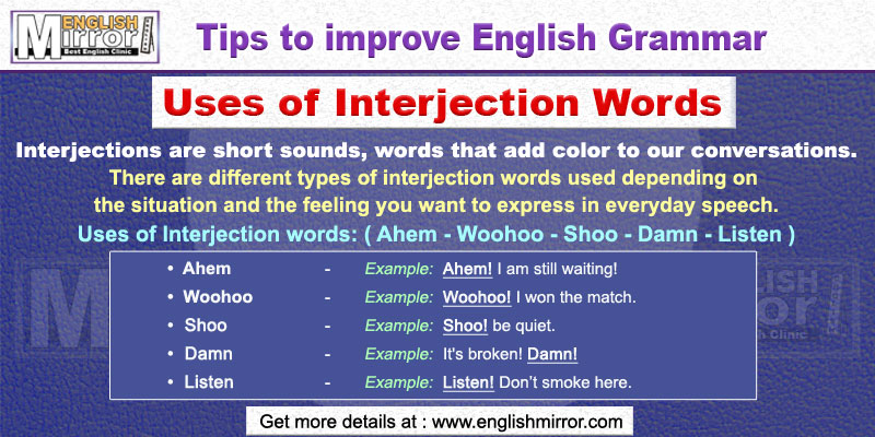 Usage of interjection words Ahem, Woohoo, Shoo, Damn, Listen in English