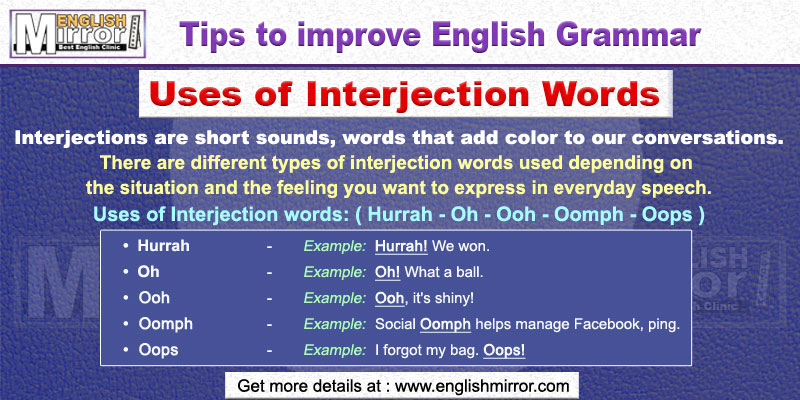 Usage of interjection words Hurrah, Oh, Ooh, Oomph, Oops in English