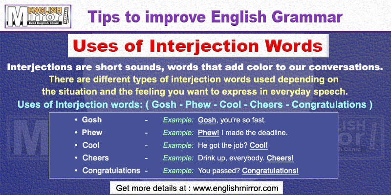 Usage of interjection words Gosh, Phew, Cool, Cheers, Congratulations in English