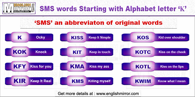 SMS words with alphabet letter K in English