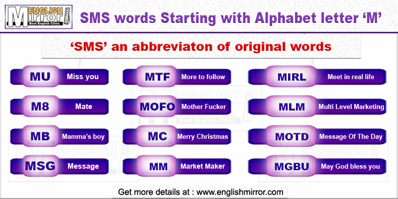 SMS words with alphabet letter M in English