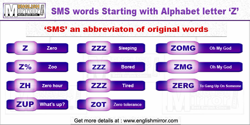 SMS words with alphabet letter Z in English